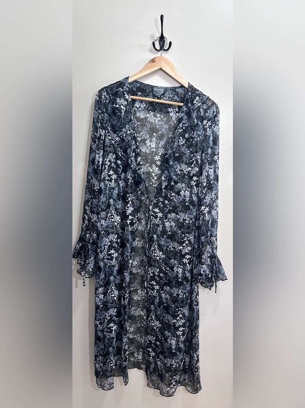 Arula Sheer Black Floral Boho Duster Maxi Kimono Plus Size